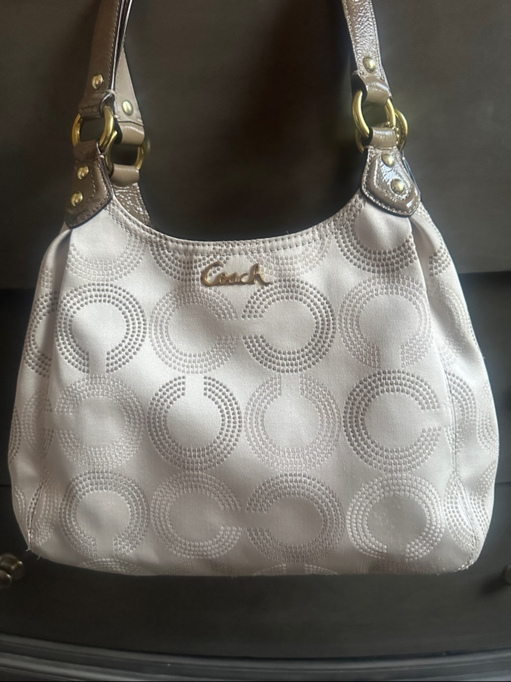 Coach Cream Signature Circle Jacquard Shoulder Bag with Gold Hardware